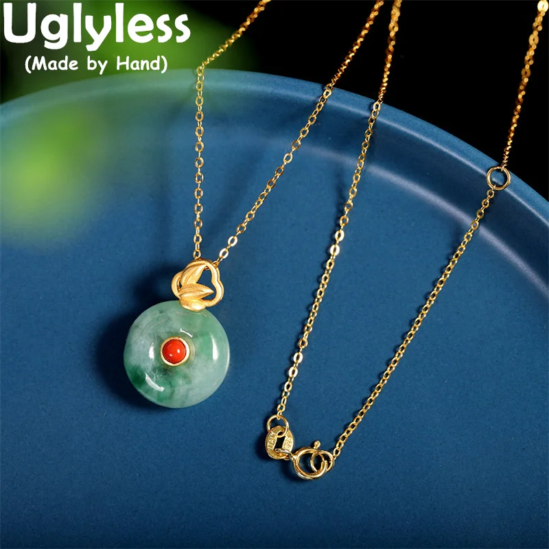 

Uglyless Peace Buttons Classic China Chic Necklaces for Women Natural Jadeite Blood Amber Pendants 925 Silver Jewelry + Chains