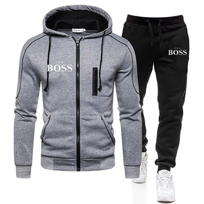 

New Yes Boss Men's Autumn Winter Sets Zipper Hoodie+Pants Two Pieces Casual Tracksuit Male Sportswear Brand Clothing Sweat Suit