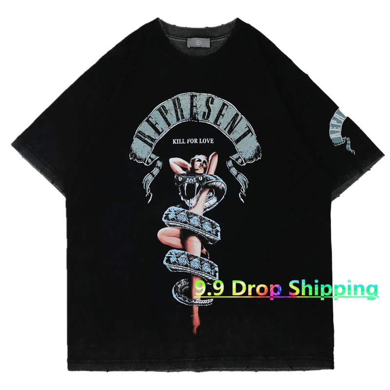 

Represent Python Beauty T-shirt Men Women Vintage Represent T-shirts Collar Hem Hand-distressed Tops Tee