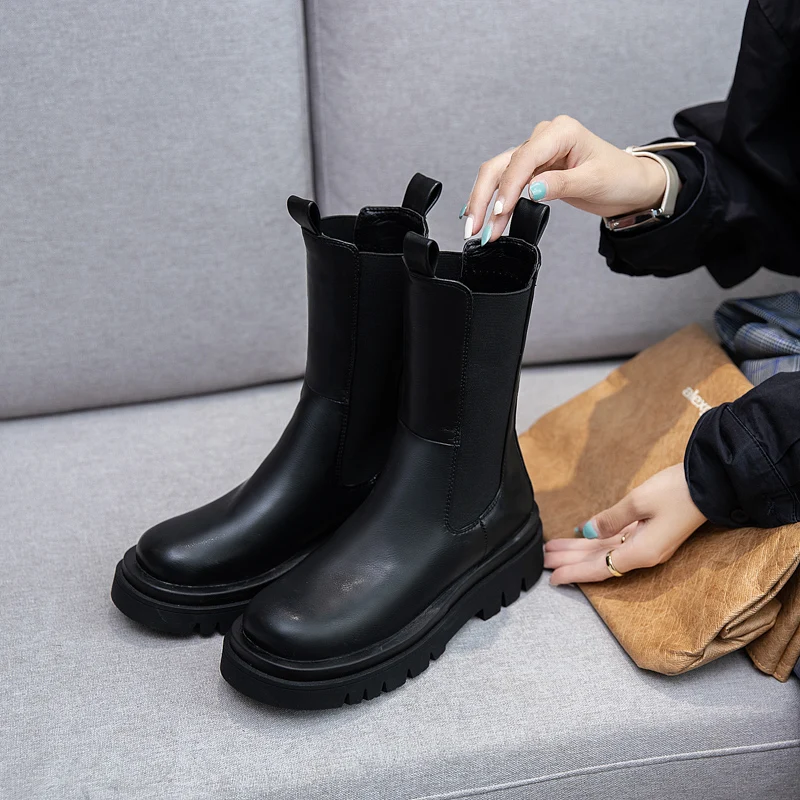 

Large Size 33-43 microfiber leather motorcycle boots women thick sole Chelsea Boots British style winter platform ankle boots