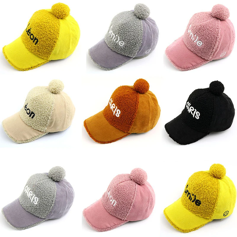 Детский шерстяной помпон бейсбольная кепка со смайликом и буквенным принтом