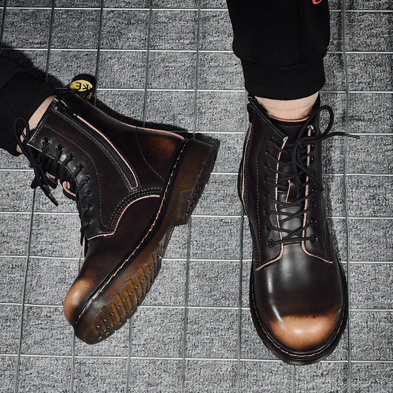 Модные мужские ботинки; удобные ботинки в британском стиле ретро; мужские рабочие ботинки на резиновой подошве; мужская повседневная обувь с высоким берцем на молнии; цвет красный, черный