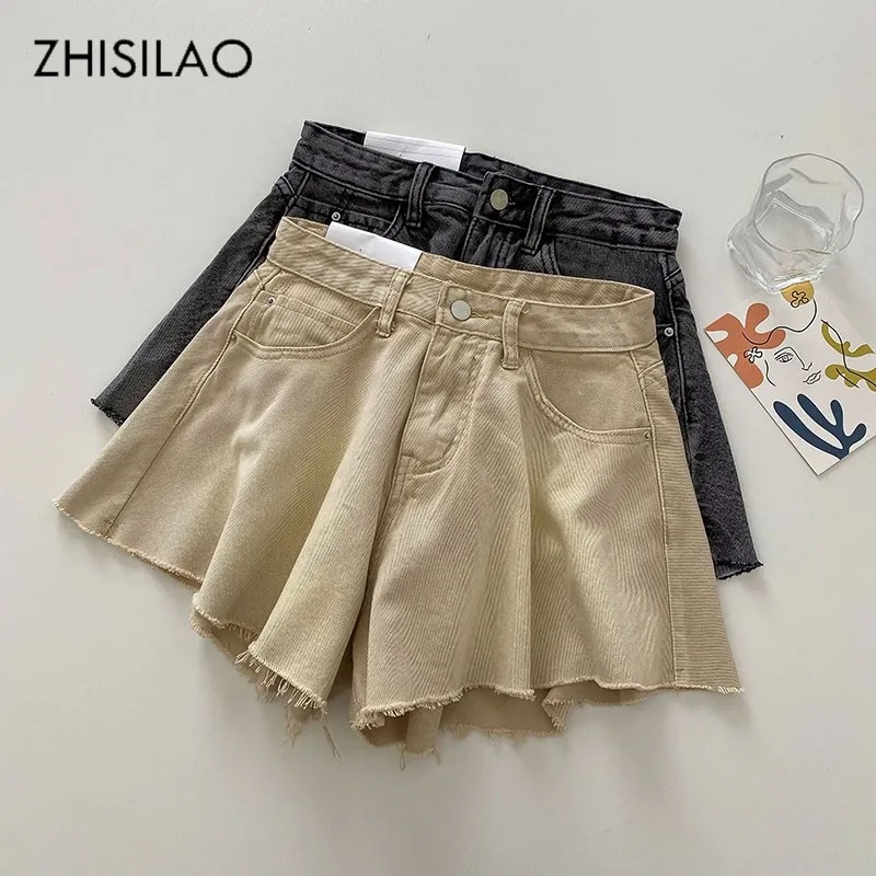 

ZHISILAO New Hot Mini Denim Shorts Women Casual Khaki High Waist Wide Leg Jean Shorts Plus Size Summer 2021 Straight Shorts