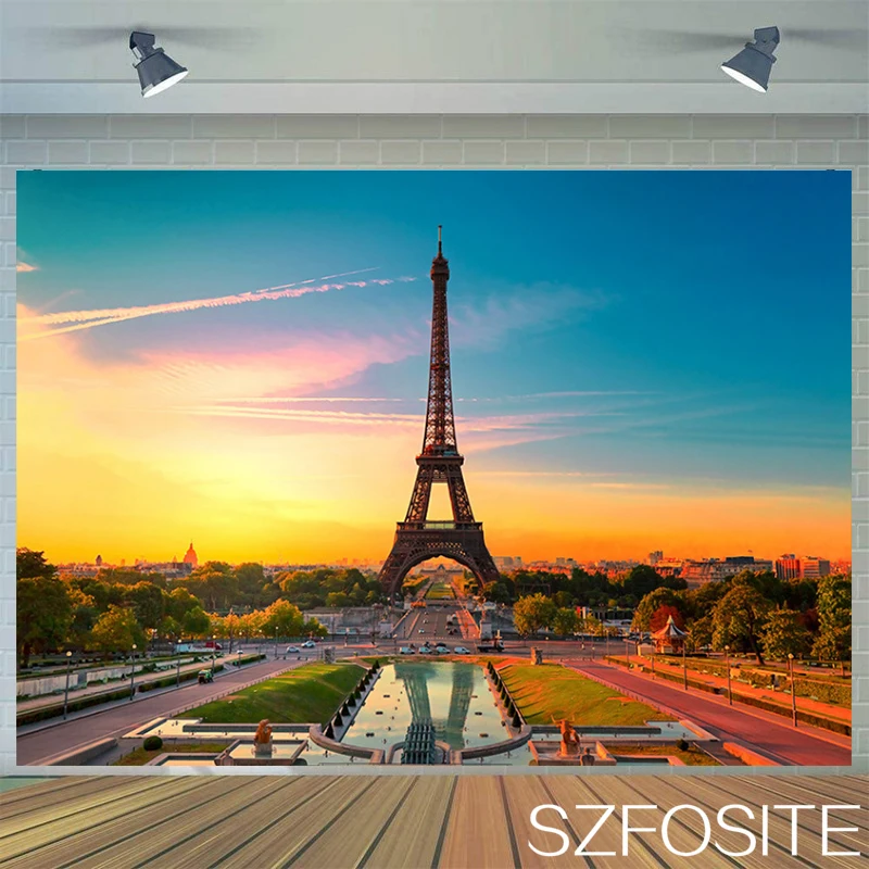 

Blue Sky Sunset Beautiful Eiffel Tower Photography Photo Backdrop Family Room Decoration Picture Child Custom Vinyl Background