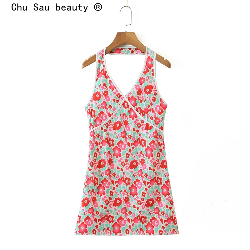 

New Fashion Spring Sweet Chic Floral Printed Mini Dress Women Holiday Style V-neck Sleeveless Hanging Neck Sexy Dresses Female