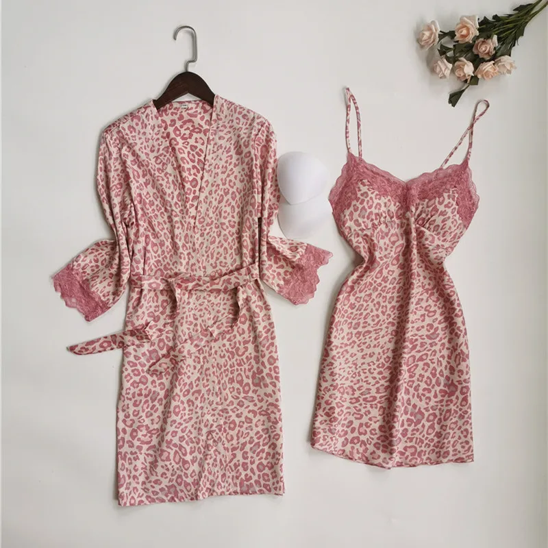 Розовый Леопардовый Атлас шелковая кружевная отделка ночная рубашка халат