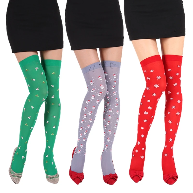 

Women Christmas Thigh High Stockings Snowflake Santa Print Silky Cosplay Socks