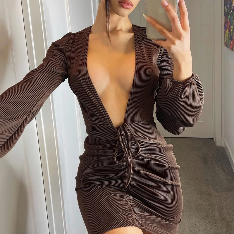 

New Sexy Mini Dresses Brown y2k Women Fashion Bandage Deep V-neck Lantern Sleeve Bodycon Clubwear Party Casual Skinny Dress 2021