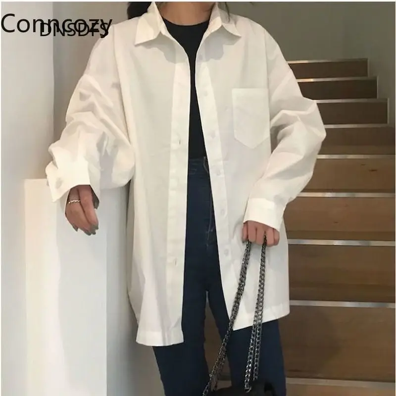 

Белая рубашка с отложным воротником и карманами, топы с длинным рукавом, женские блузки, Корейская Повседневная Свободная блузка, рубашка н...