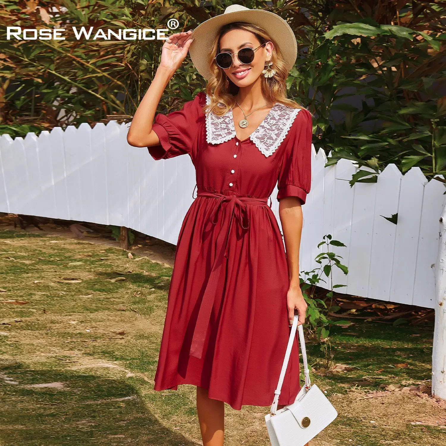 

Solid Color Dress Temperament Commutes Elastic Waist MIDI Skirt Doll Collar Lovely Sweet Tie Up 2021 Women Clothing Summer Skirt