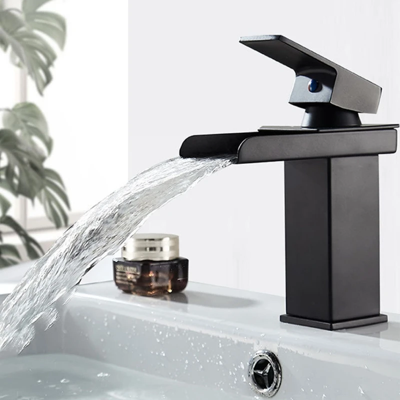 

Bathroom LED Light Sink Faucet, Waterfall Spout Basin Faucet, Cold and Hot Water Mixer Sink Tap Brass Body(Black，White)