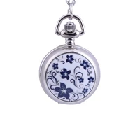 6139trend retro blue and white porcelain pattern printed open cover pocket watch with chain ladies childrens accessories