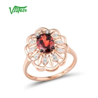 VISTOSO Gold Rings For Women Genuine 14K 585 Rose Gold Sparkling Diamond Garnet Flower Ring Luxury Glamorous Gift Fine Jewelry