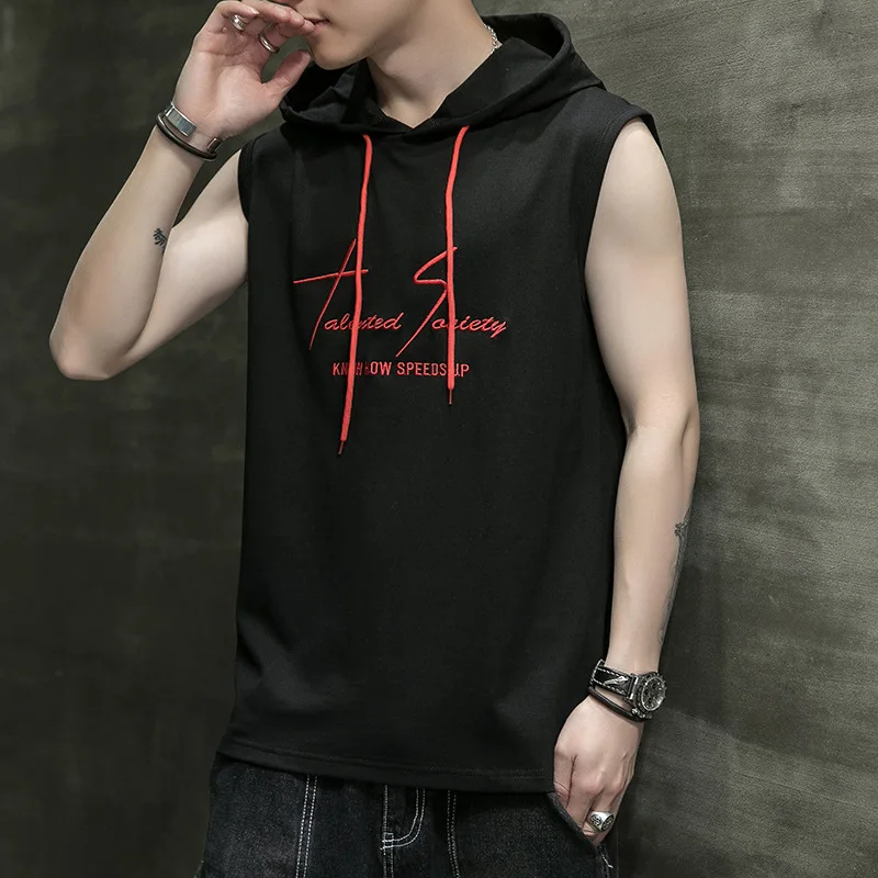 

Men's Hooded Sleeveless T-Shirt Cotton Bodybuilding Fitness Summer Sport Running T shirt for Men Casual Loose Top Tee Clothing