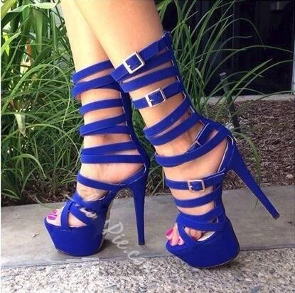 Пикантные сандалии до колена с вырезами и пряжкой Синие кожаные гладиаторы на