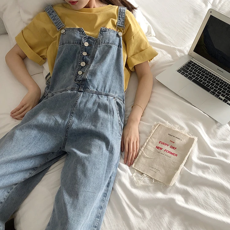 Женский джинсовый комбинезон на бретелях длинный тонкий повседневный свободный
