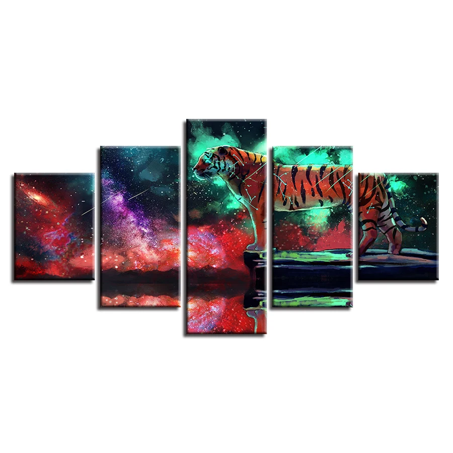 

Decor Painting Artwork Wall Art 5 Pieces Animal Tiger Abstract Aurora Forest Night View Poster Modular Canvas Pictures HD Prints