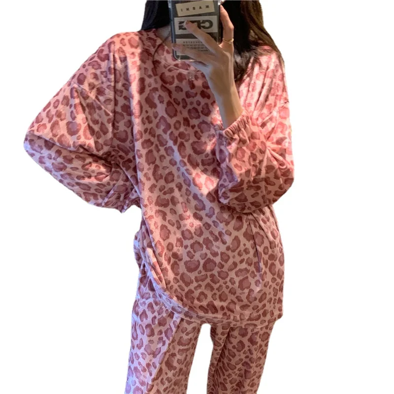 

Женская Хлопковая пижама, модель 2021 года, в Корейском стиле, осень и зима, розовая плюшевая леопардовая Пижама с круглым вырезом, милый домаш...