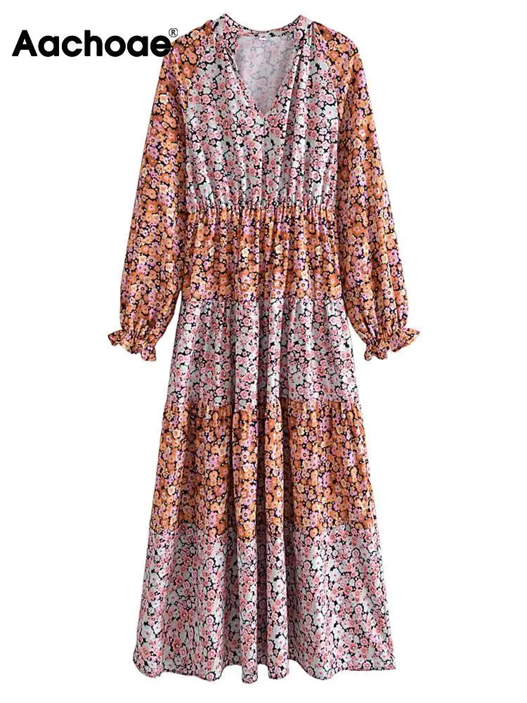 

Aachoae Spring New Vintage Floral Printed Long Maxi Dresses Chic V Neck Butterfly Long Sleeve Dresses Ladies Casual Dress