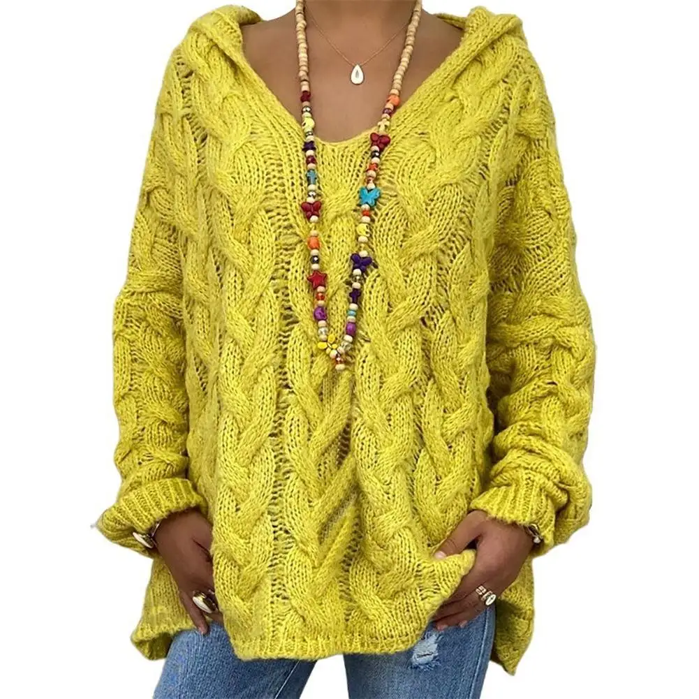 

SHZQ Women Hooded Sweater Solid Color Pullovers Knitted Sweater Ladies Sweaters Loose Casual Long Sleeve Hooded Top Plus Size 20