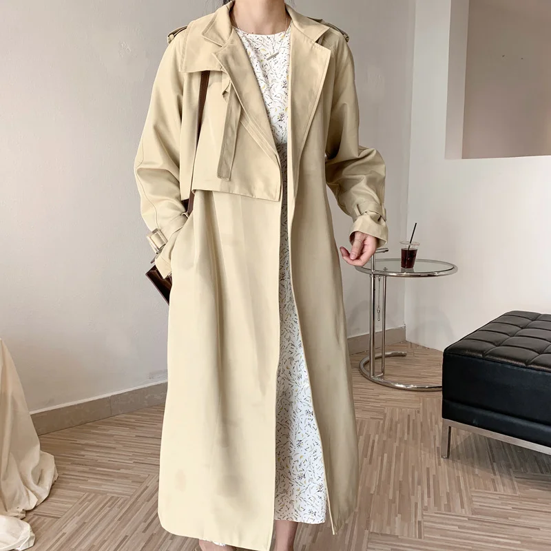 

Epaulettes Lace Up Women's Long Trench With Belt Black Long Sleeve Sashes Female Trenches 2021 Autumn Korean New Ladies Coats