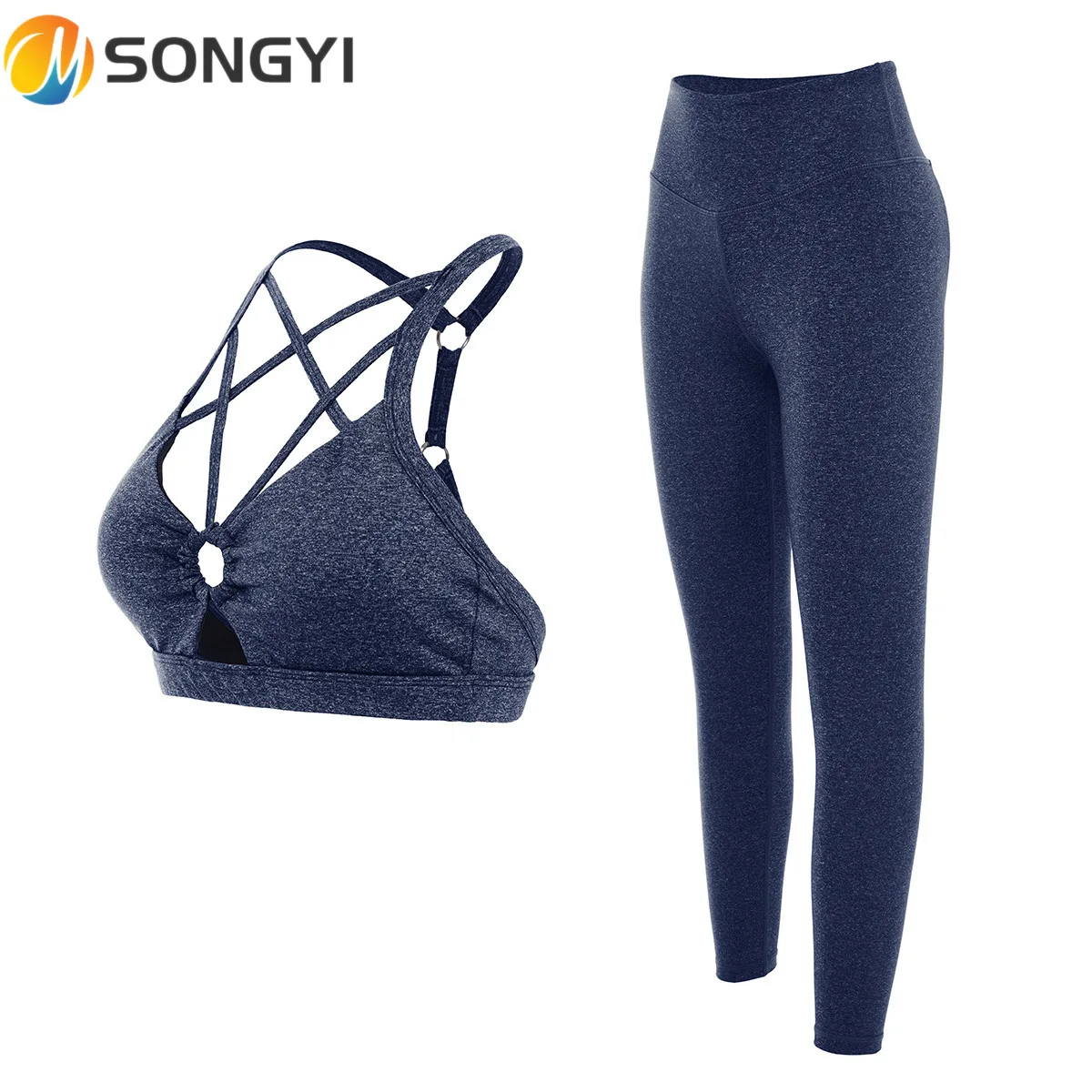 

SONGYI Womens Yoga Suit 2PCS Breathable Cross Exposed Clavicle Low Cut Sports Bra Seamless High Waist Pants Fitness Suit I306