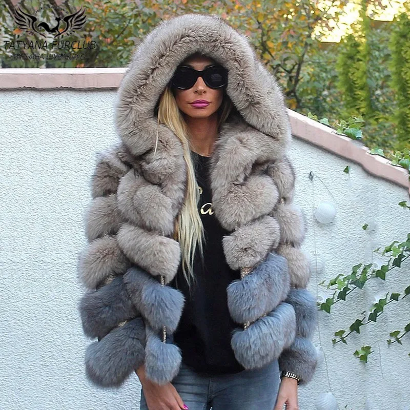 Natural Whole Skin Real Fox Fur Jacket With Hood Warm 2022 New Winter Fashion Fur Overcoats Luxury Woman Natural Fox Fur Coats