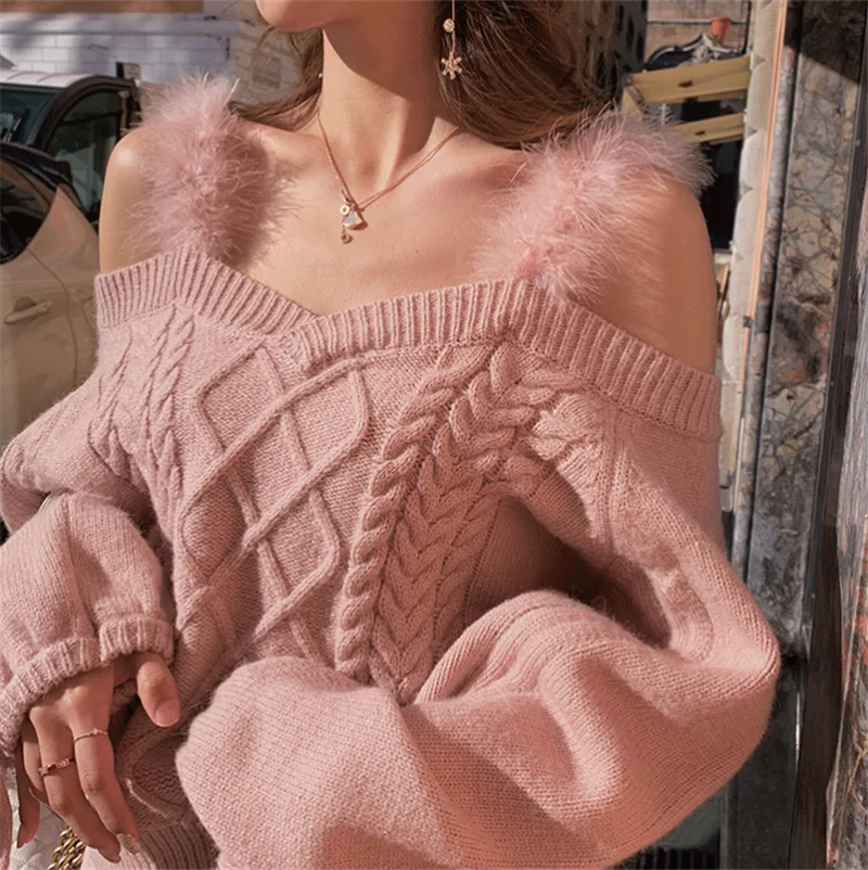 Свитер женский с открытыми плечами пикантный Мягкий трикотажный пуловер на