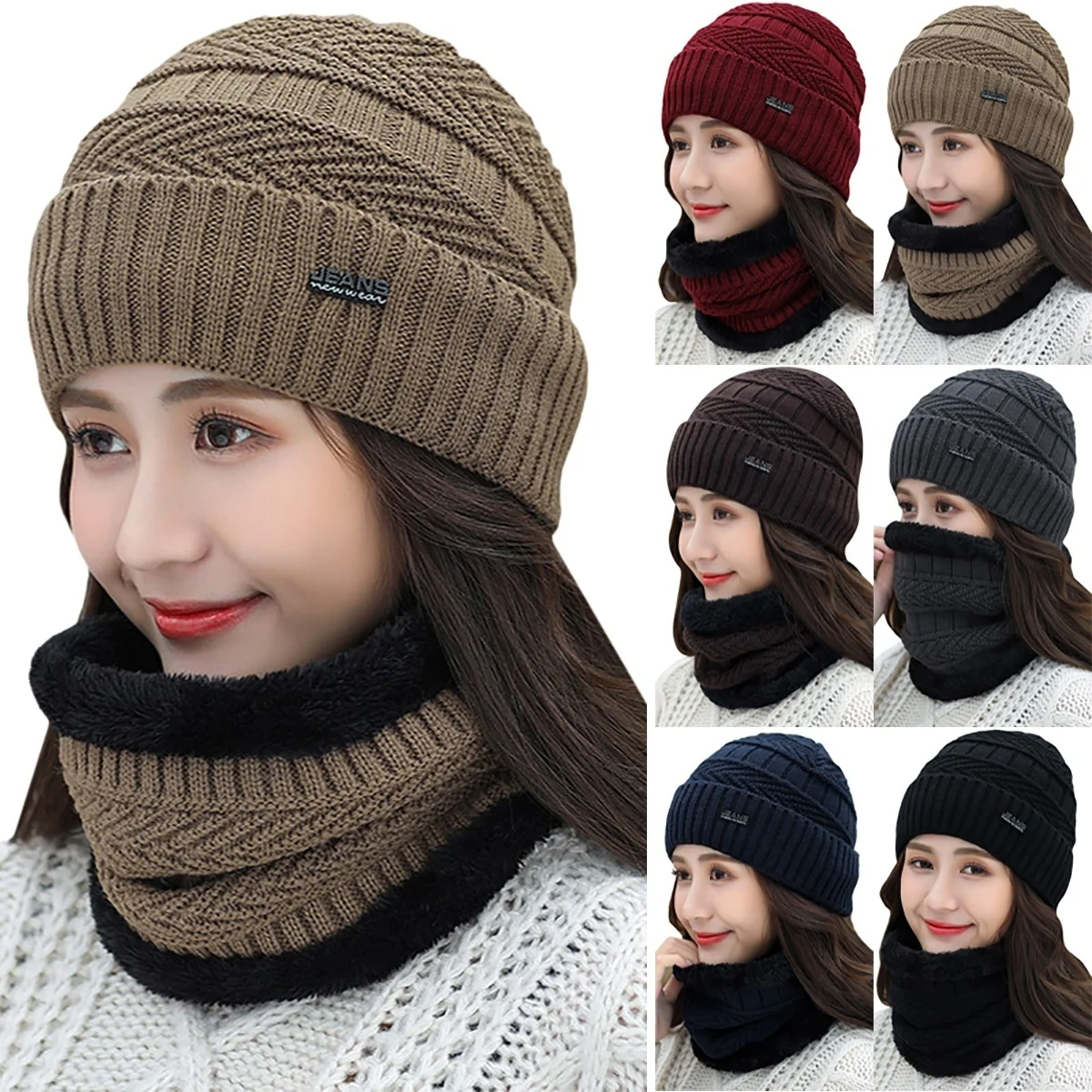 2 шт. шарф и шапка зимняя женская вязаная с помпоном толстый теплый набор из шапки