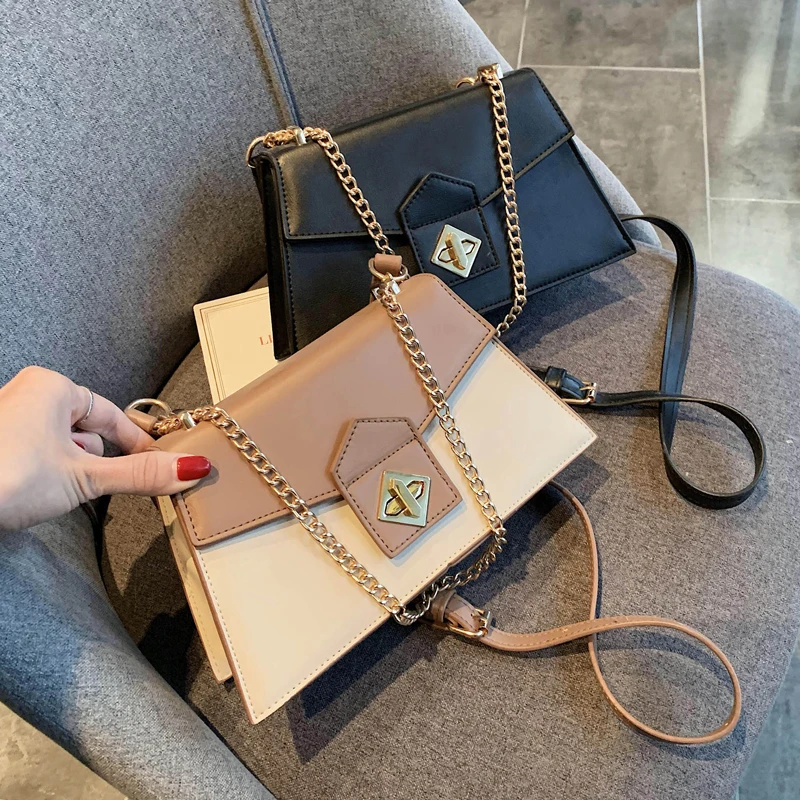 

Contrast Color Square Crossbody Bag 2020 Fashion New Quality Leather Women's Designer Handbag Lock Chain Shoulder Messenger Bag