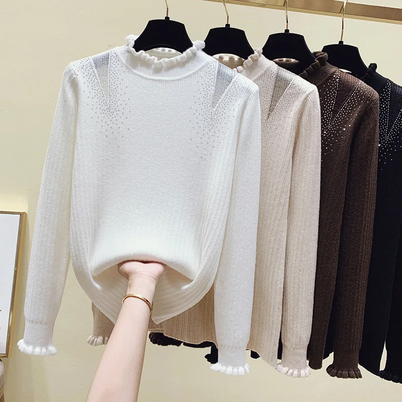 

2022 New Women's Sweaters Autumn Winter Ruffled Mesh Knitted Sweater Solid Casual Female Long Sleeve Pullovers