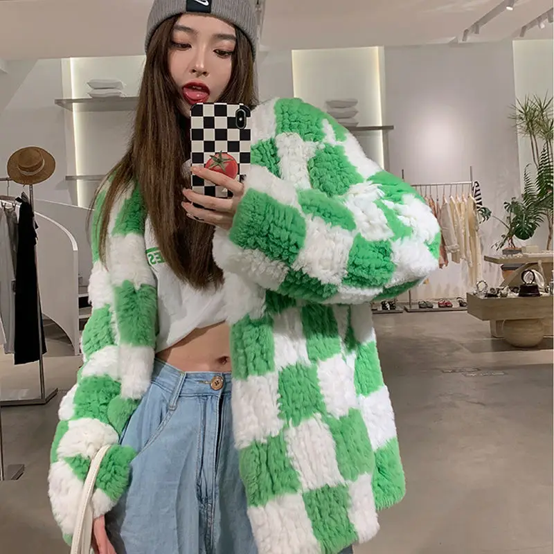 

Women 2021 Autumn Winter New Fashion Faux Fur Coat Female Plaid Casual Loose Fake Rabbit Fur Jackets Ladies Elegant Outwear Z714