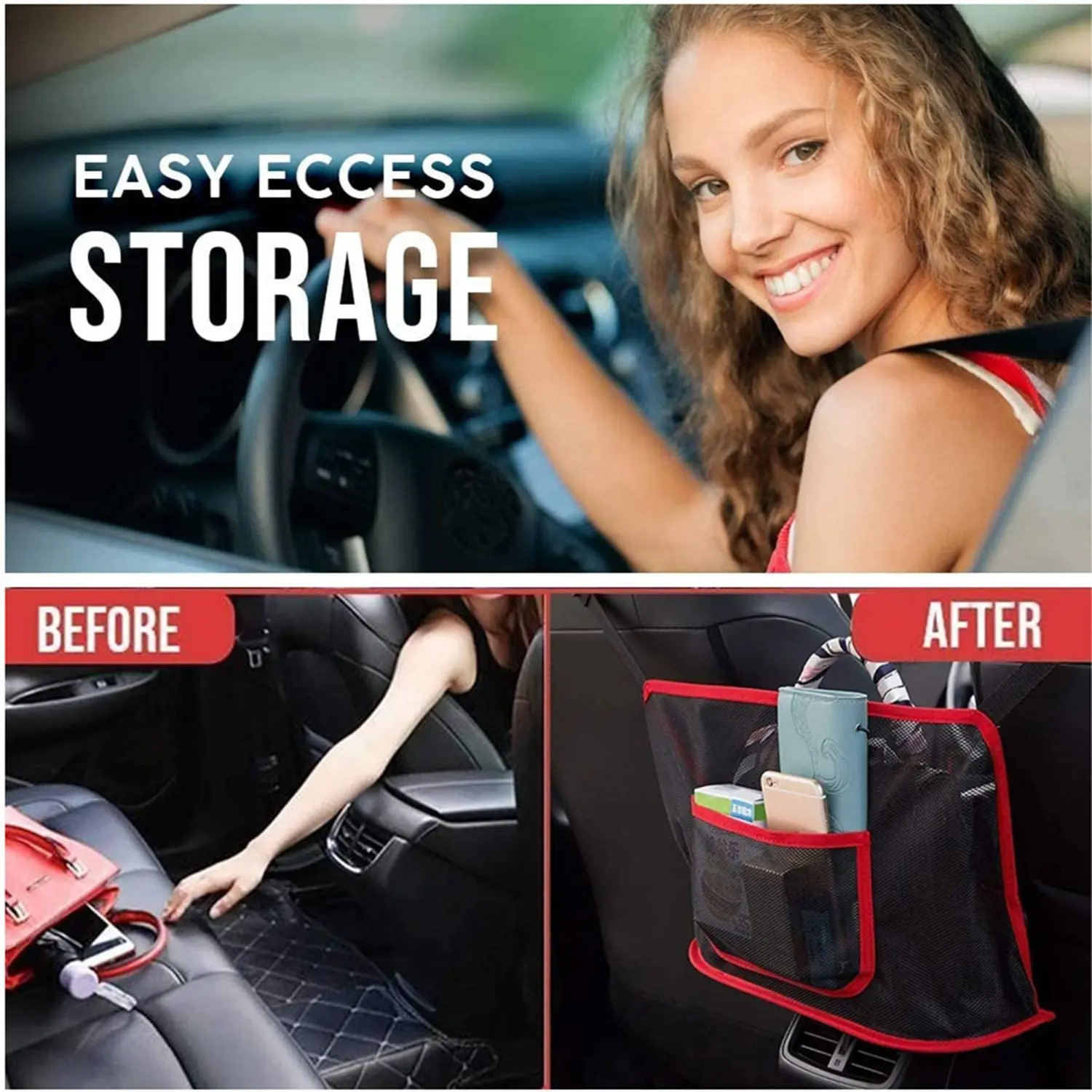 

CSS New Product Car Trunk Cargo Storage Bag Universal Style Black Red Back Seat Pocket Adjustable Strap General Auto Storage Bag