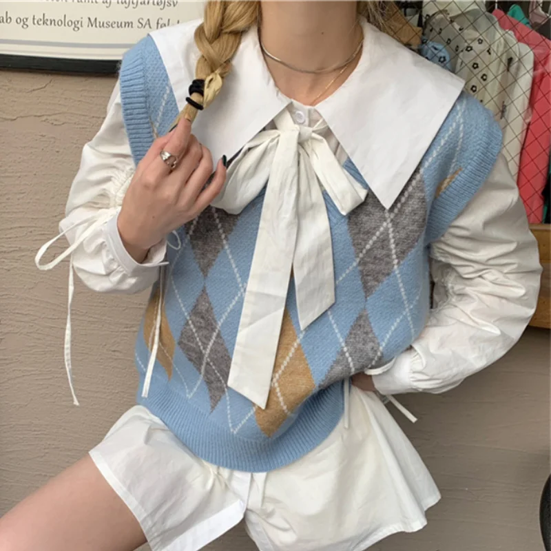 Женский свитер жилет вязаный в клетку с принтом повседневный укороченный топ V