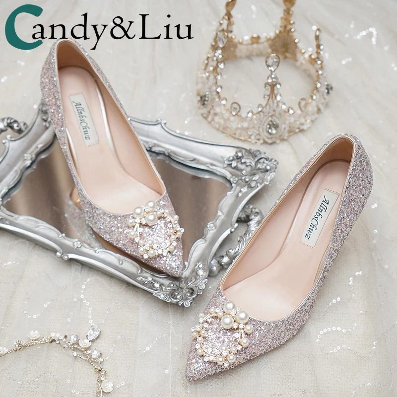 

Wedding Shoes Women 2021 New Bride High Heel Sequin Pearls Decoration Higher Quality Metal Heel Program Beautiful Lady Pumps
