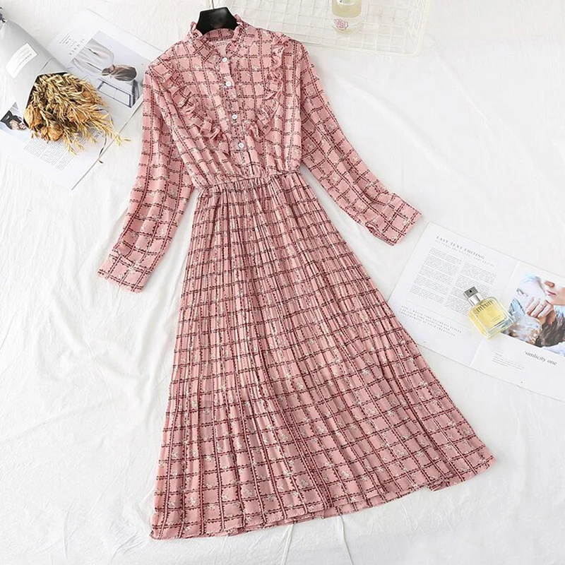 

Chiffon Women Dress New Spring Autumn Vintage Floral Print Long sleeve Dress Elastic waist Women Elegant Pleated Dresses Vestido