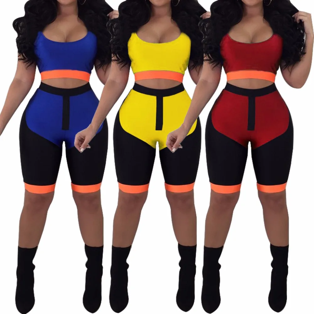 

Fitness Suit Color Block Splice Sexy 2 Piece Set Lady Summer Tanks Crop Top And Skinny High Waist Knee Length Pants OutfitTE3478