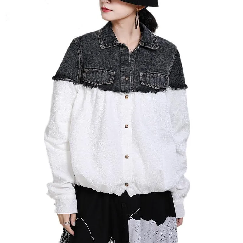 

Женская джинсовая куртка в стиле пэчворк, новинка 2020, Женское пальто, джинсовая куртка с цветной строчкой, женские джинсовые куртки, Свободн...