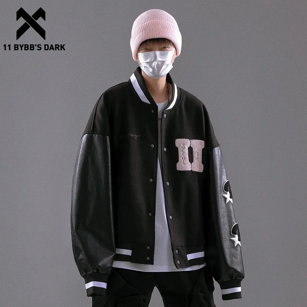 

11 BYBB'S DARK Hip Hop Baseball Jacket Coat Autumn Jacket Patchwork Sleeves Jacket Men Bomber Jacket Loose Streetwear Outwear