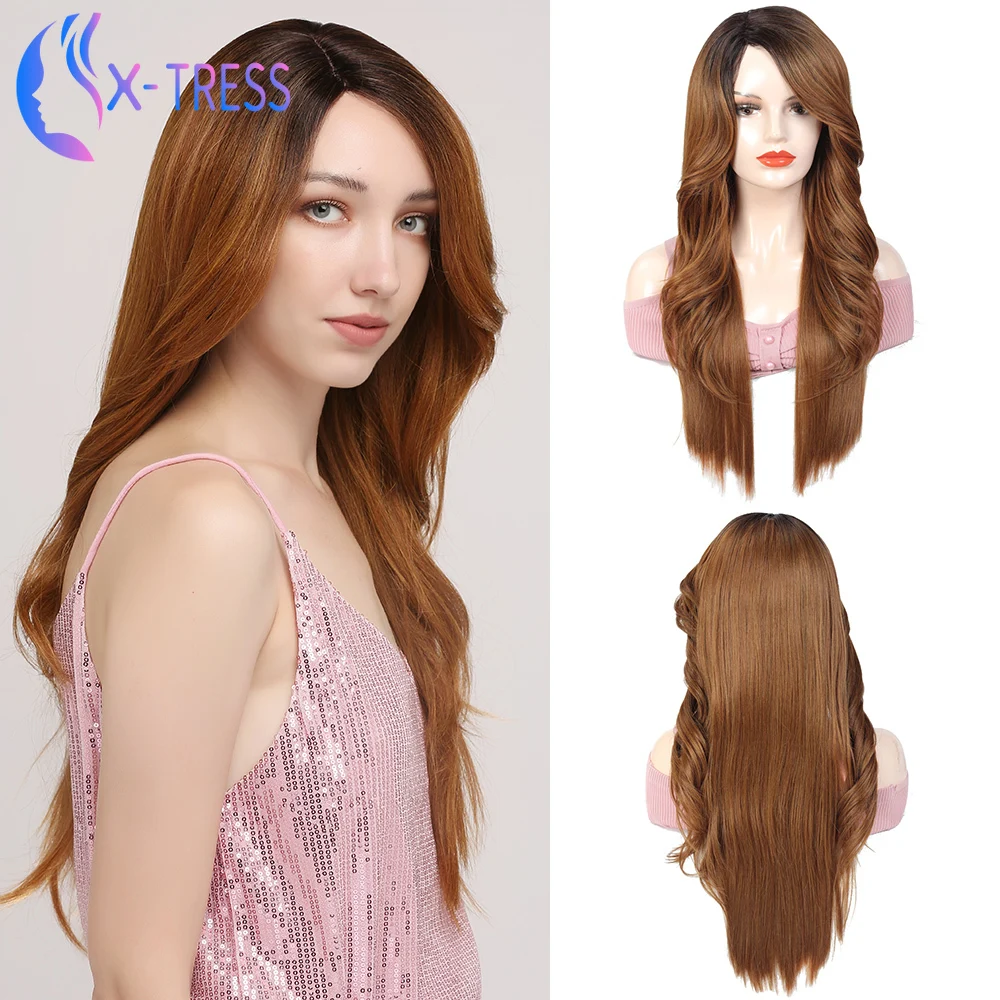 Женский синтетический парик на сетке с эффектом омбре коричневые волнистые