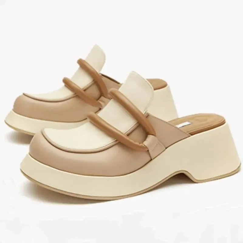 

2021 Spring New Fashion Women's Baotou Slippers Solid Color Metal Buckle Decoration Shallow Loafers Ladies Platform Slippers