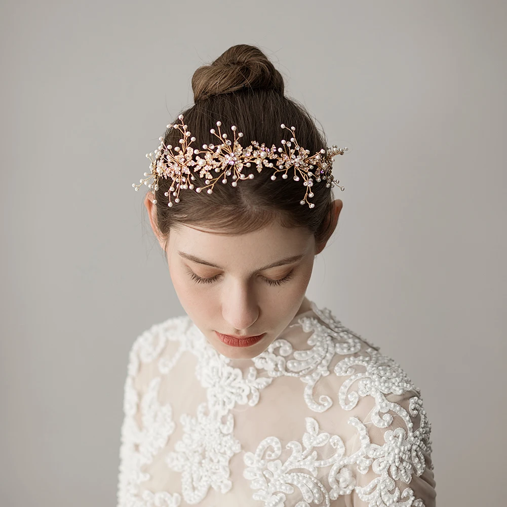 

O358 Luxurious Wedding Bridal Headpiece Alloy Pearls Crystal Rhinestone Marriage Bride Hair Hoop Women Pageant Handmade Tiara