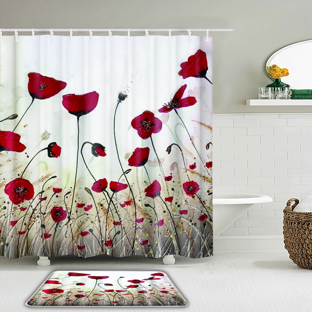 

Тканевая занавеска для душа с 3D рисунком цветных цветов, s водонепроницаемые занавески для ванной с цветочными листьями, набор С нескользящ...