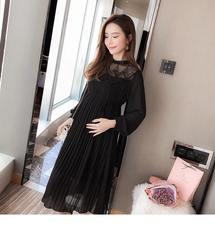 Envsoll Spring Autumn Maternity Dress Mom Long-sleeved Lace Pleated Chiffon Dress Maternity Clothes For Pregnant Women