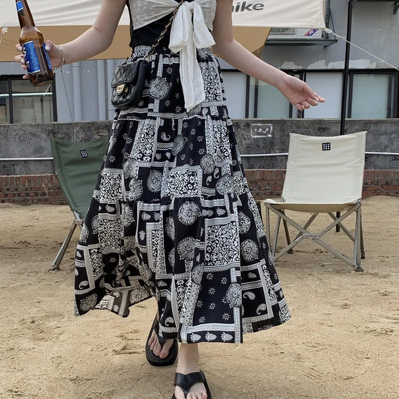 

High Waist Loose Long Skirts Womens Boho A-line Vintage Floral Print Elastic Waist 2021 Summer Beach Vacation Chiffon Skirt