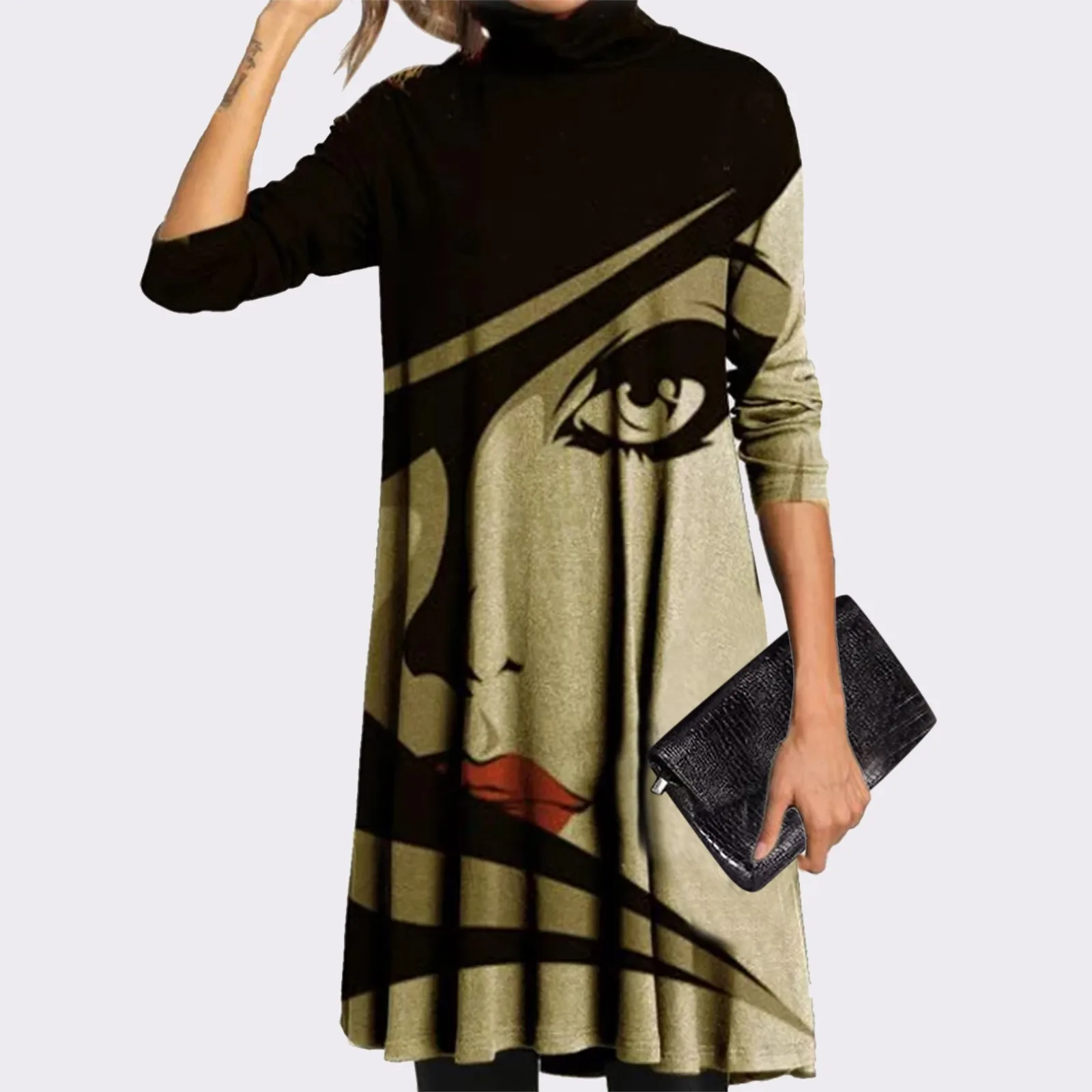 

Женское повседневное свободное короткое платье, винтажное плиссированное платье с длинным рукавом и абстрактным принтом лица, теплая ткан...