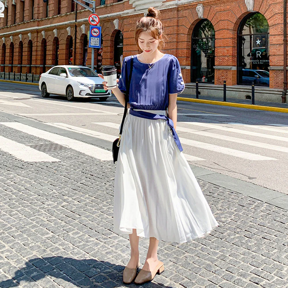 

2021 Summer New Fashion Temperament Fake Two Dress Women's Casual Design Round Neck High Waist Summer Japanese Style