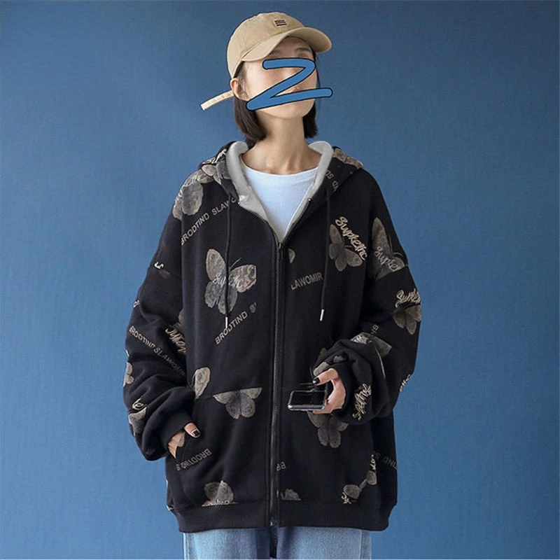 

Butterfly Print Oversized Zip-up Hoodies Spring Autumn Women's Long Sleeve Casual Clothes Fashion Female Thin Hooded Sweatshirts