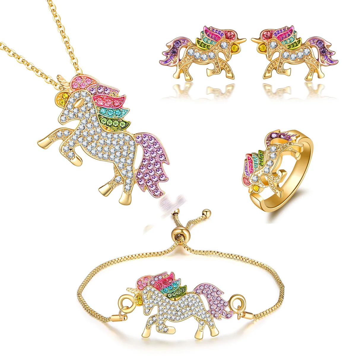 

The New Unicorn Necklace Bracelet Earring Ring Necklace Bracelet Set Spot Color Animal Jewelry Sets for Girl and Lady for Party