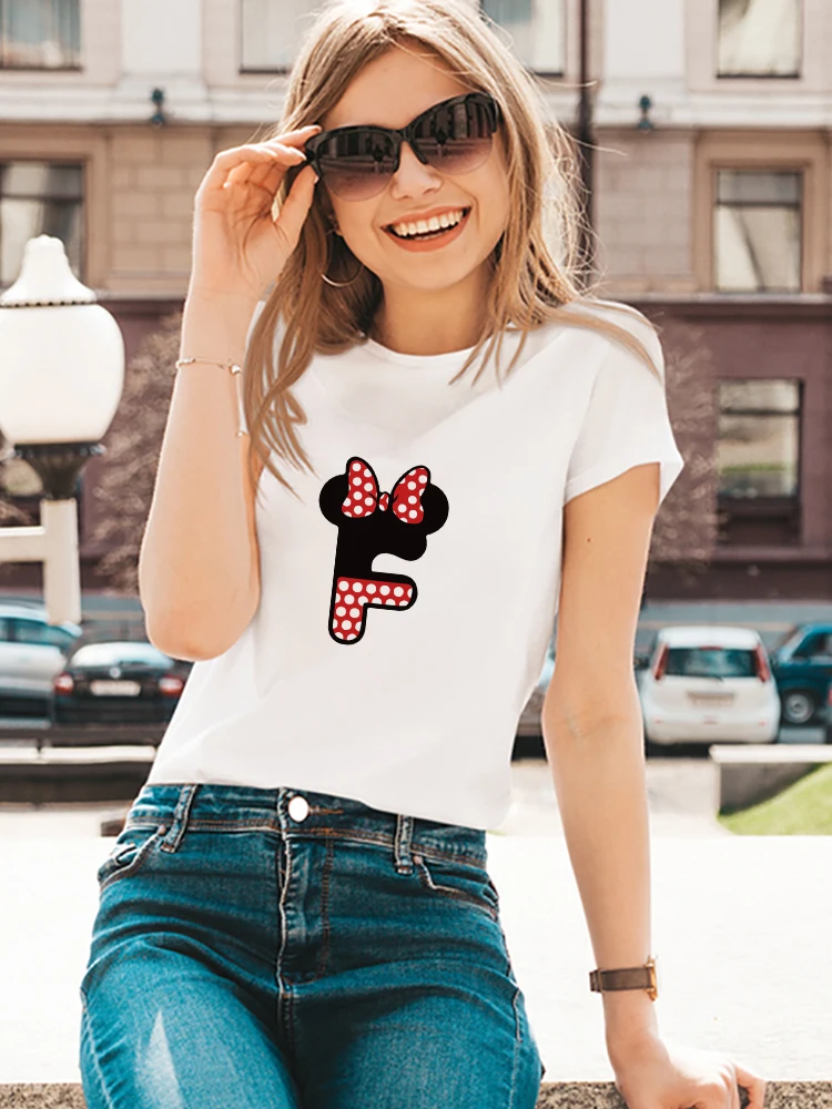 

Mickey Mouse Women's T-Shirt Summer Top Custom Name Letter Combinations Disney Letter Font A B C D E Clothes Ropa Mujer Trend